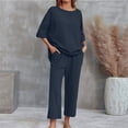 thumbnail image 2 of Outfmvch Linen Sets for Women Linen 2 Piece Set for Women's Lounge Sets Womens Pajama Sets Roll Sleeve Cotton Linen Sets Outfits Vacation Beach Travel Outfits Matching Lounge Sets Blue XL, 2 of 6