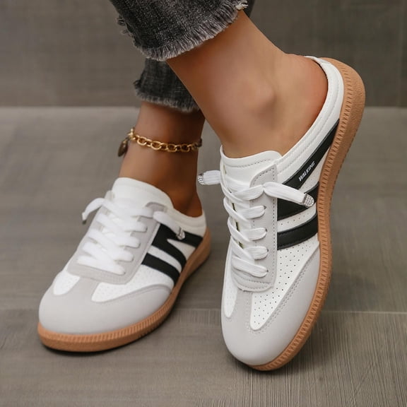 NexTorq Womens Flat Shoes, Arch Support Shoes for Women, Women Sneakers, Women's Slip on Sneakers, Fashionable Contrast Backless Sneakers, Casual Open Back Lace Up Walking Sports Shoes, Black, 5.5