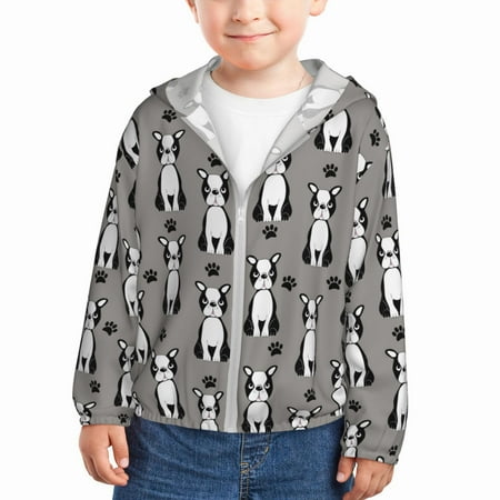 

Sun Hoodie for Kids Cute Boston terrier dog gray Long Sleeve Swim Fishing Shirts Sun Protection Zip Up Jacket Clothing Athletic Hoodie