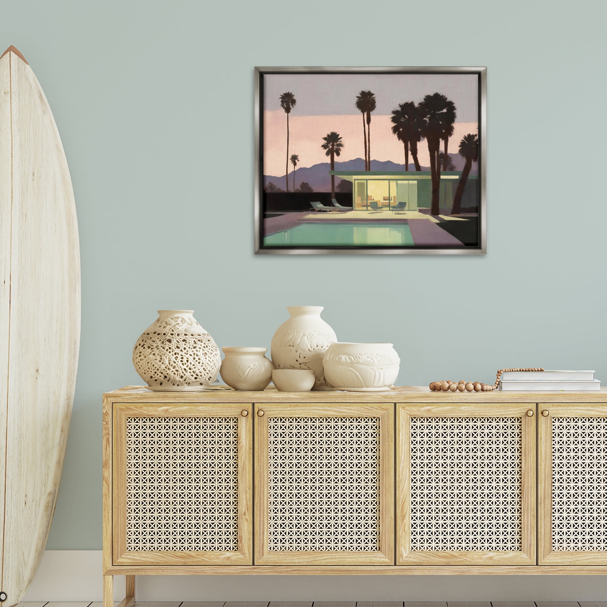 Stupell Industries Pool Surrounded by Palms Landscape & Nature Painting Gray Floater Framed Canvas Art Print Wall Art, 31 x 25