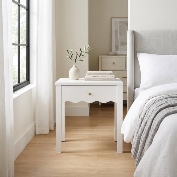 Modern White Nightstand with Wavy Drawer - Compact Bedside Table and Small Side Table