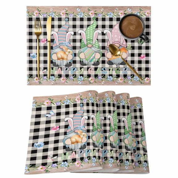 Easter Placemats Set of 4, Vintage Gnomes Bunny Eggs Black Buffalo Plaid Placemats for Dining Table, Place Mats for Kitchen Tabletop, Waterproof Wipeable Dining Table Mats Set
