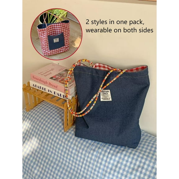 American Style Reversible Plaid Denim Canvas Bag - Versatile Commuter Tote Bag, Double-Sided Usable, Retro Color-Block Handheld Bag
