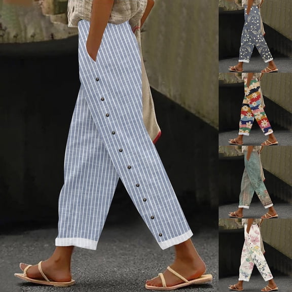 Women's Paper Bag Waist Straight Leg Pants, Floral Printed Palazzo Trousers with Side Buttons and Pockets, Elastic Belt Casual Cropped Pants for Vacation, Beach and Daily Wear