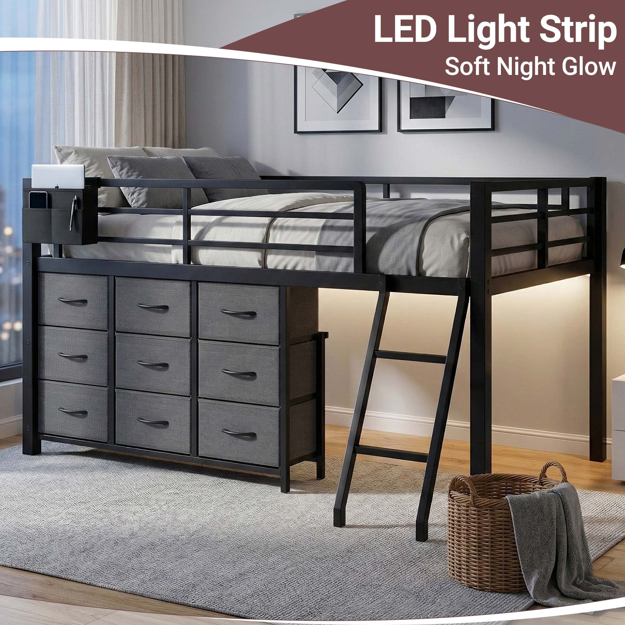 Twin Low Loft Bed with Storage, Metal Twin Loft Bed Frame with 9 Drawers, 2 Shelves, LED Lights and Charging Station, Black