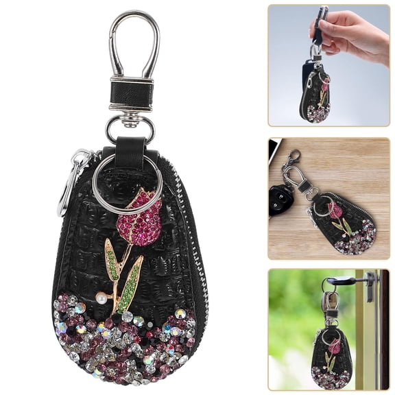 LOLIPPYY Key Fob Pouch Black Rhinestones Damage Protection Car Remote Keychain Holder 1Pack