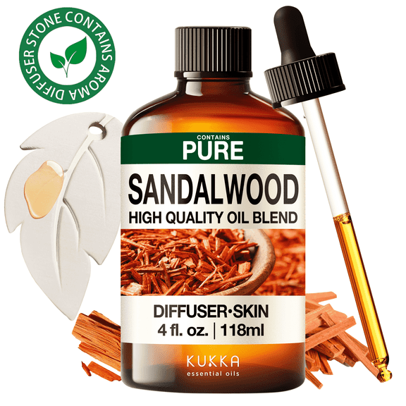 Kukka Sandalwood Essential Oil with Aromatherapy Stone - 100% Pure Sweet Woody Scent for Diffuser, Skincare, Hair Care & DIY - 4 fl oz