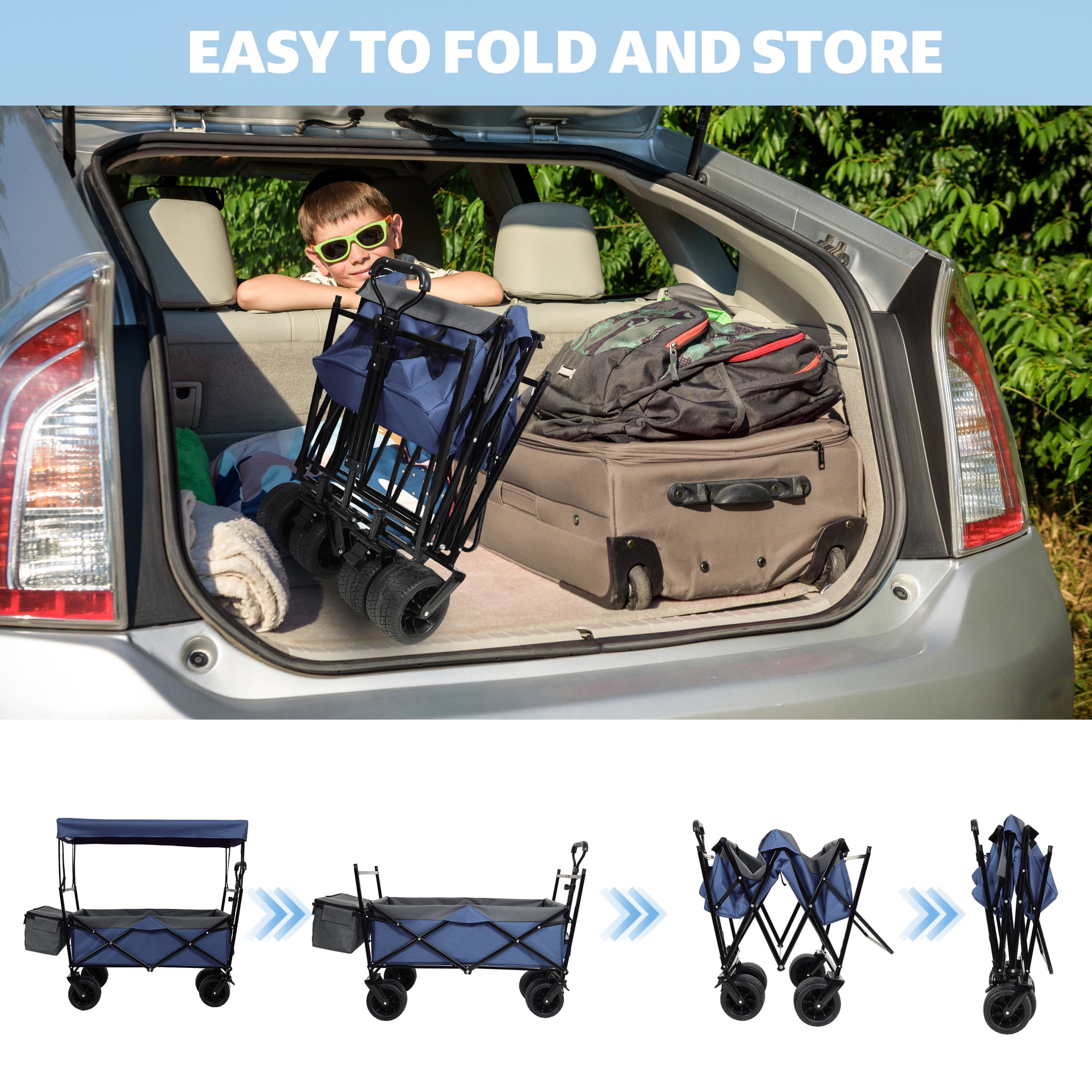 GDF Studio Collapsible Wagon Stroller with Removable Canopy and Mosquito Net, 7" All-Terrain Wheels, Dark Blue