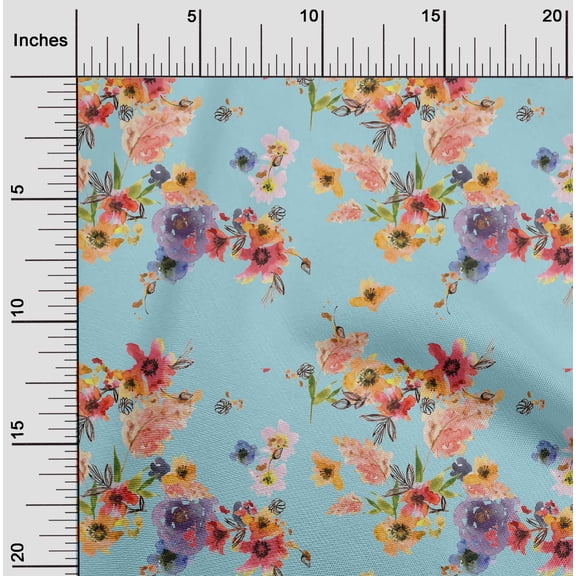 oneOone Cotton Poplin Twill Sky Blue Fabric Flower Watercolor Fabric For Sewing Printed Craft Fabric By The Yard 56 Inch Wide