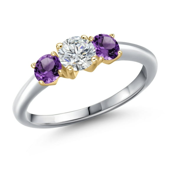 Gem Stone King 10K Two Tone Gold Lab Grown Diamond and Purple Amethyst Engagement Ring for Women | 1.00 Cttw | Round 5MM | Gemstone April Birthstone | Size 8