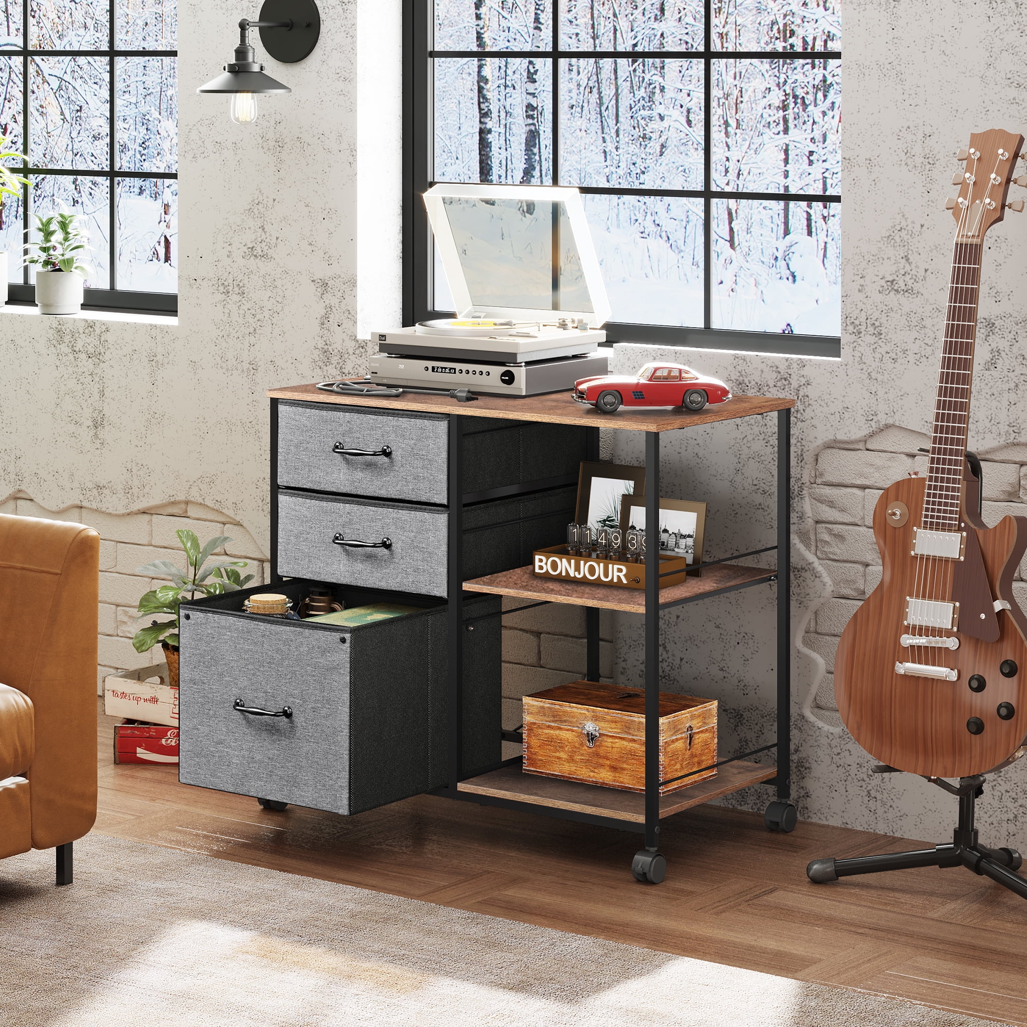 GALAXHERO 3 Drawer File Cabinet, Rolling Printer Stand with Storage, Lateral Fabric Filing Cabinet for Home Office, Fits Letter/A4, Rustic Brown
