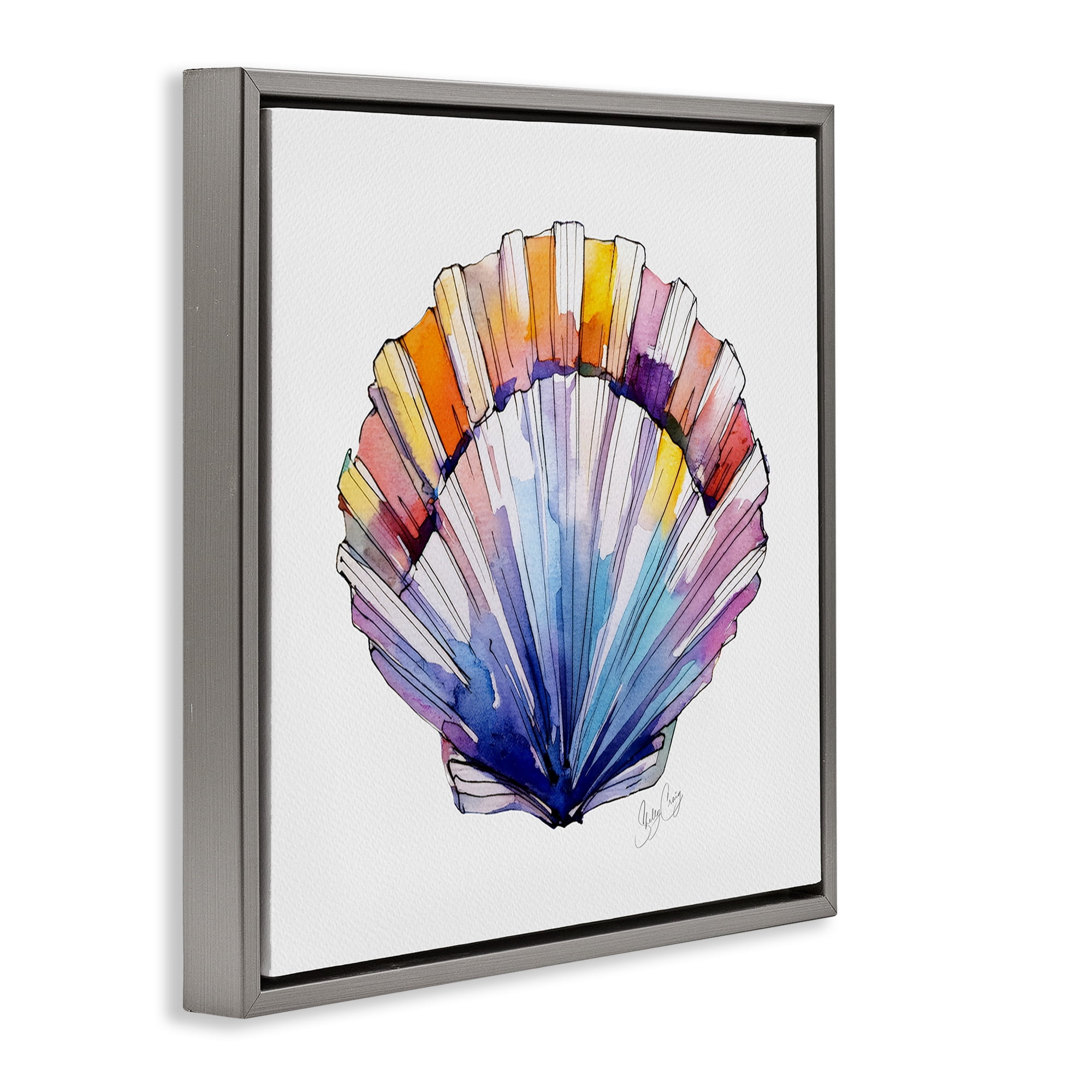 Stupell Industries Coastal Scallop Watercolor Gray Framed Floater Canvas Wall Art, design by Shelly Craig