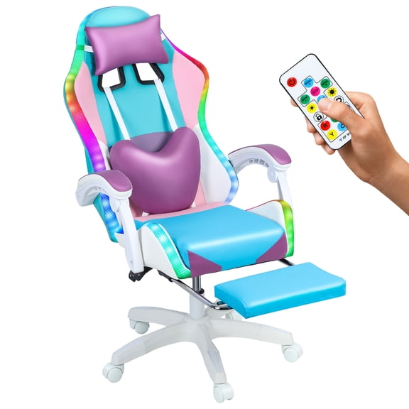 SHNETY Gaming Chair with RGB LED Lights, Girl Video Chair, Ergonomic Computer Chair with Massage and Footrest, Reclining Video Game Chair for Adult