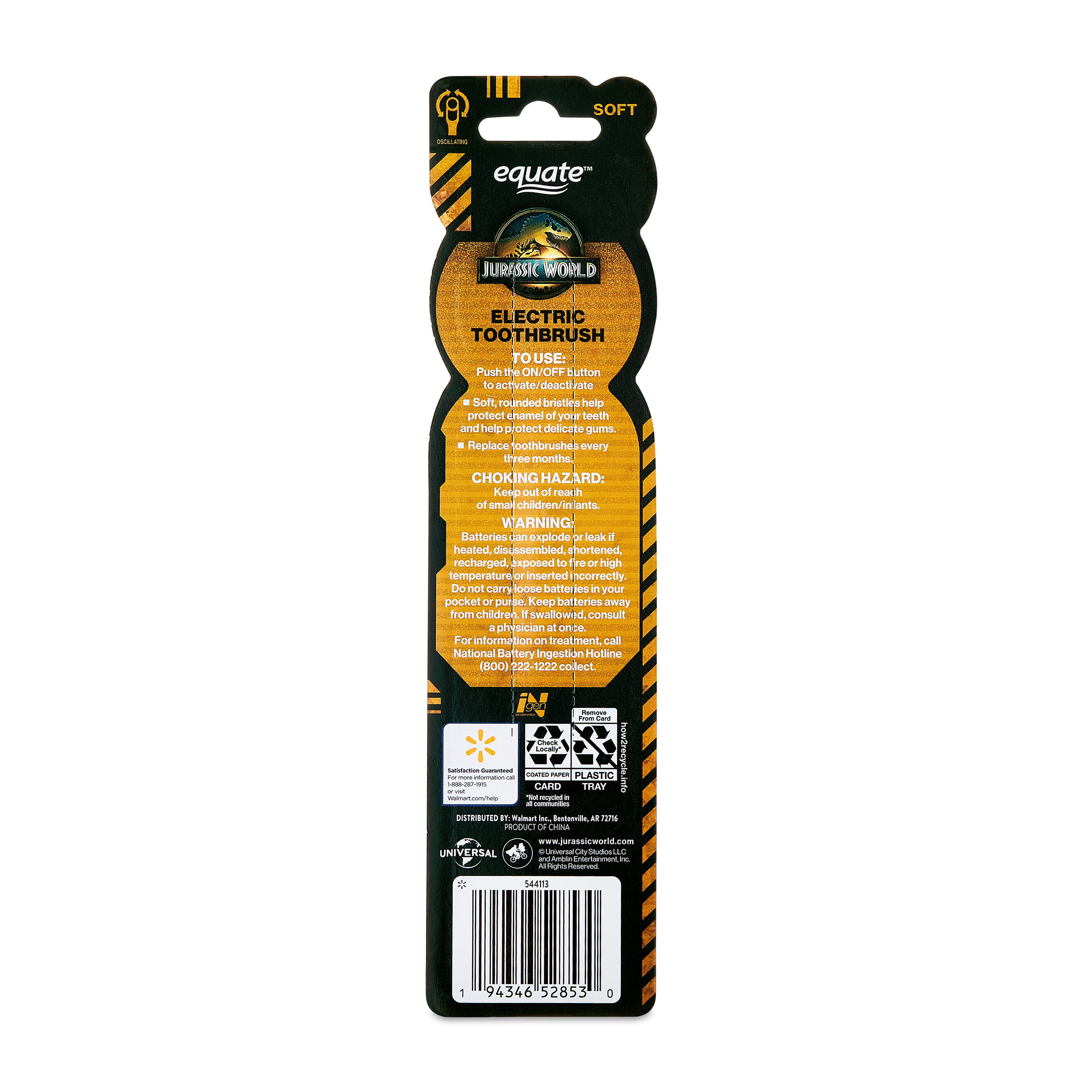 Equate Kids Jurassic World Oscillating Electric Toothbrush, Battery Powered, Soft Bristles