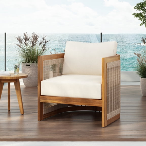 Premium Acacia Wood Outdoor Club Chair Beige Natural Curved Tub Design Handwoven Rope Accents Water-Resistant Cushions All-Weather Slat Construction Patio Garden Chair Made in Viet Nam