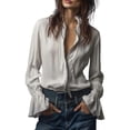 thumbnail image 2 of Endives Womens Long Sleeve Shirt Retro Staly Zip Front Blouse Cuffs Blouse Tops Spring Trendy White1, 2 of 7