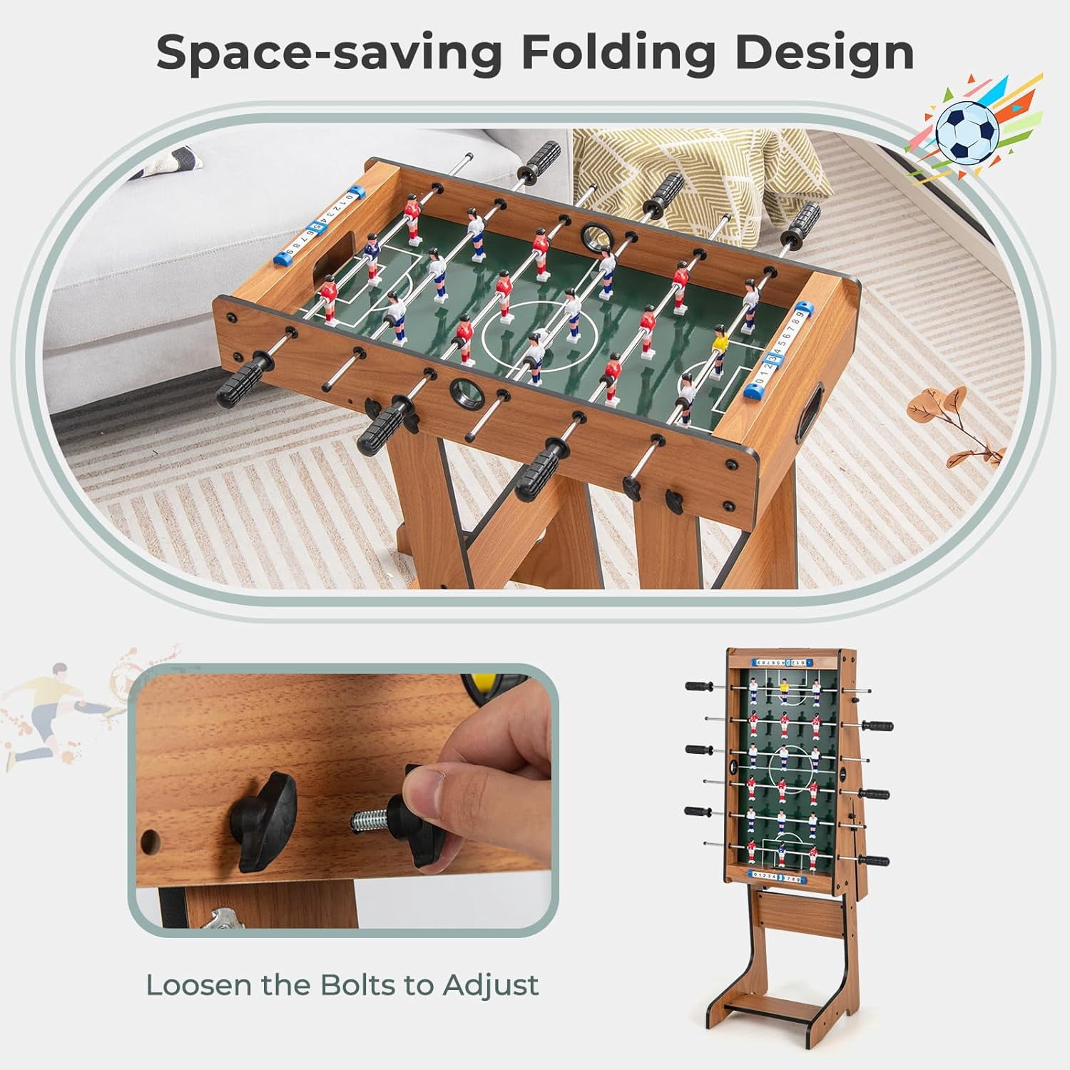27in Folding Foosball Table with 2 Mini Footballs, Score Keepers - ASTM Certified for Indoor Recreation, Great for Family Game Nights and Parties