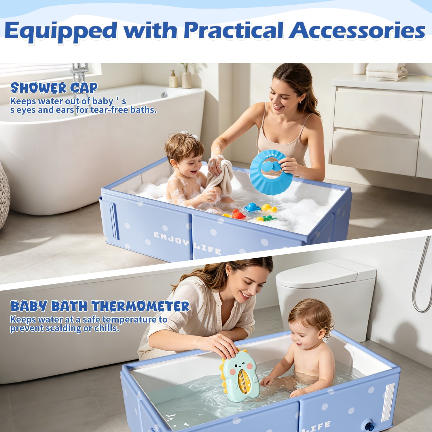 Wonderstone Portable Foldable Bathtub, Rectangle Baby Shower Tub with Drainage Design, Beach Vacation Travel Essentials for 1-3 Kids Toddler (Blue)