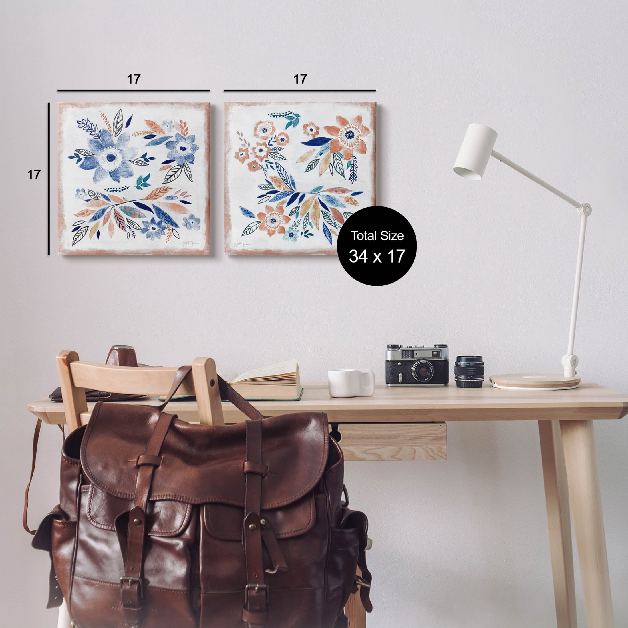 Abstract Farmhouse Flowers and Leaves Botanical & Floral Painting Gallery Wrapped Canvas Print Wall Art, Set of 2