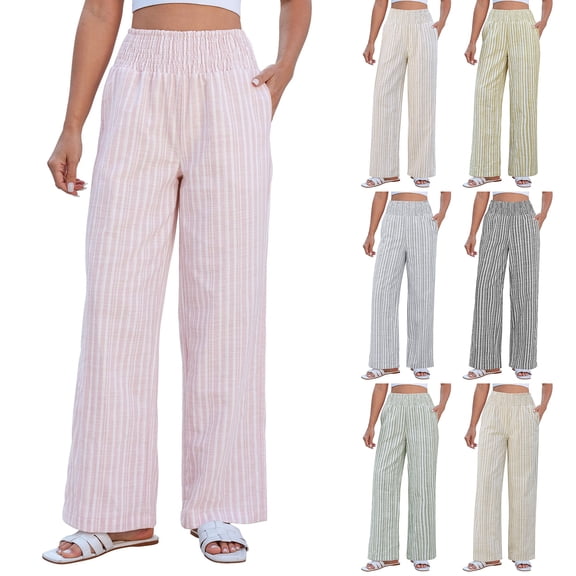 Women Striped Pants Loose Wide Leg Trousers Casual Low Waist Pants Comfy Lounge Pants with Pockets Pink L