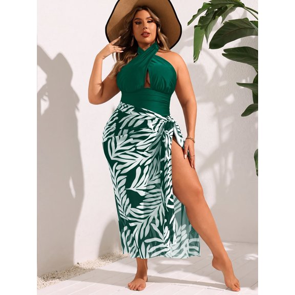 Women's Plus Size Tropical Print Swimwear with Cover Up for Vacation Wear