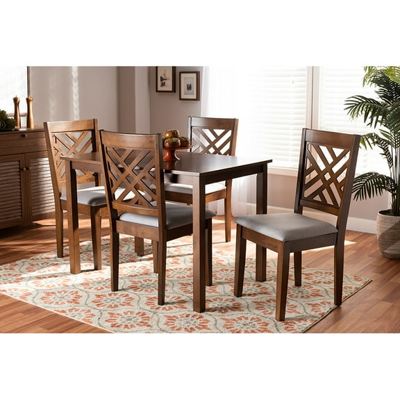 Baxton Studio Caron Modern and Contemporary Grey Fabric Upholstered Walnut Brown Finished Wood 5-Piece Dining Set
