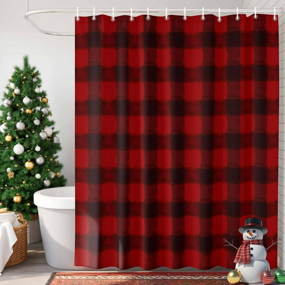Christmas Farmhouse Shower Curtain, 60" x 72", Classical Red Black Buffalo Plaid Waterproof Bathroom Curtain Washable Shower Curtain Set with 12 Hooks