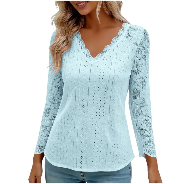 Encaje Manga Larga Tops para las Mujeres Más Tamaño V-Cuello Sólido Casual Blusa, Suave Suéter de Poliéster, Primavera de Uso Diario