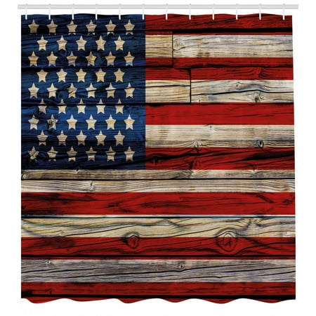 4th of July Shower Curtain, Wooden Planks Painted as United States Flag Patriotic Country Style, Fabric Bathroom Set with Hooks, Red Beige Navy Blue, by (Best Paint For Wooden Windows)