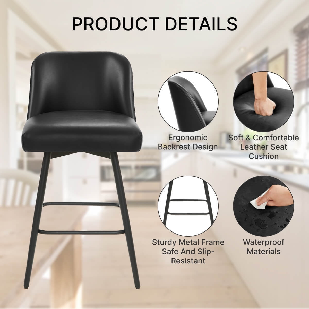 L'AGRATY Modern Bar Stools Set of 4, 26" High-Back Counter Stools, Faux Leather Upholstery, for Kitchen Island, Home Bar, Black