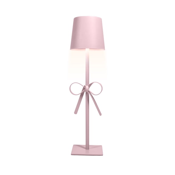 LUZ Rechargeable LED Table Lamp- Pink Metal Bow Desk Lamp, 3 Light Temperatures, Touch Dimmable, Portable Cordless Light for Bedroom, Nursery & Office