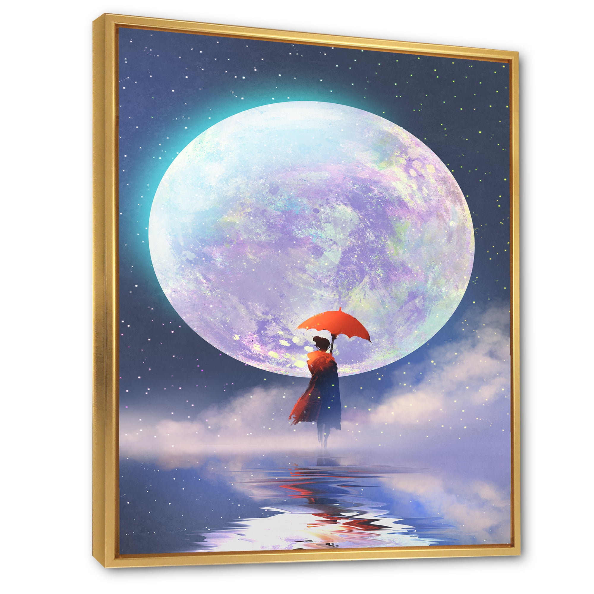 Designart 'Girl With Umbrella Standing On Water Against Moon' Traditional Framed Canvas Wall Art Print