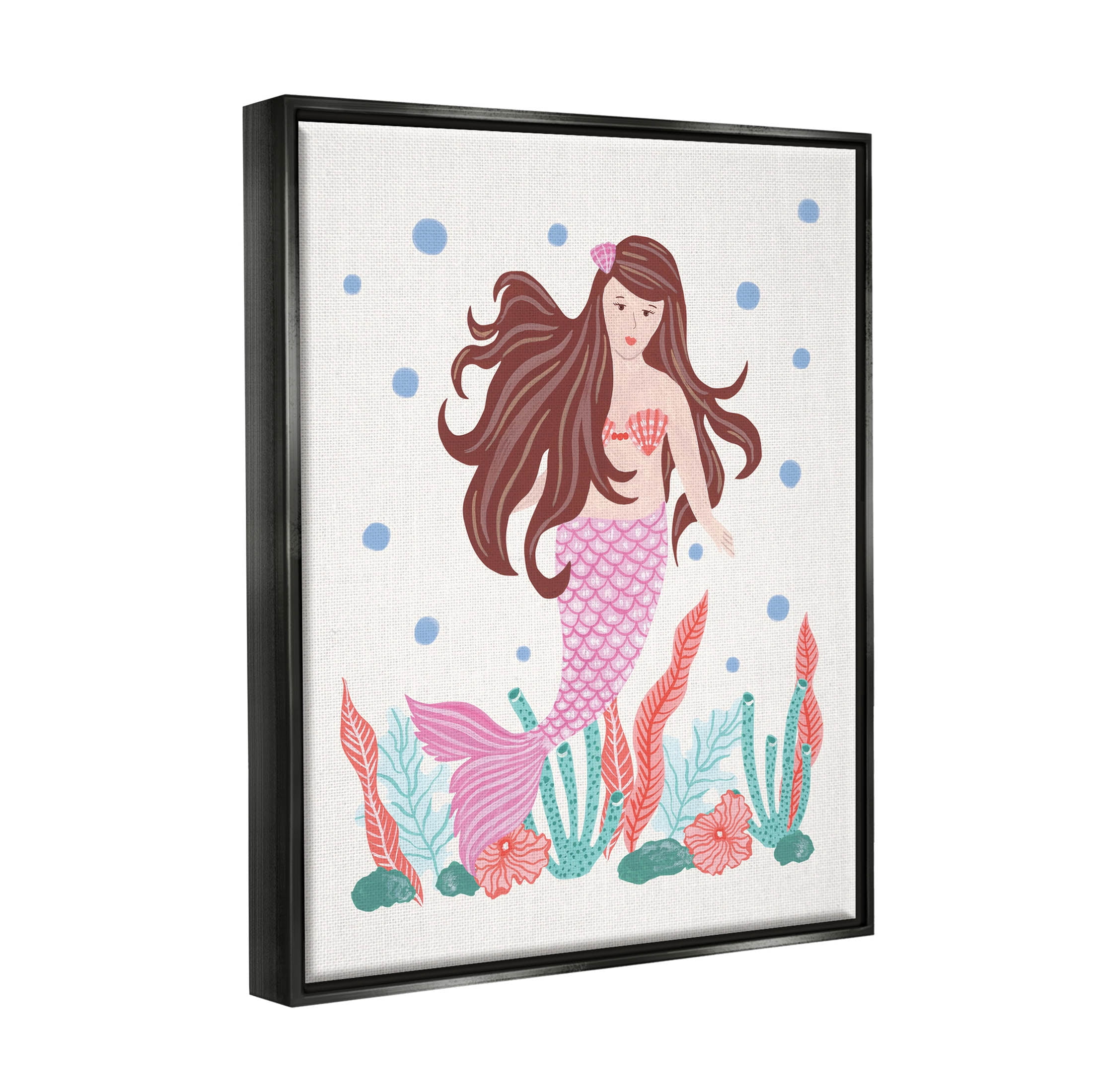 Stupell Industries Underwater Scene Mermaid Bubbles Graphic Art Jet Black Floating Framed Canvas Print Wall Art, Design by Aralma