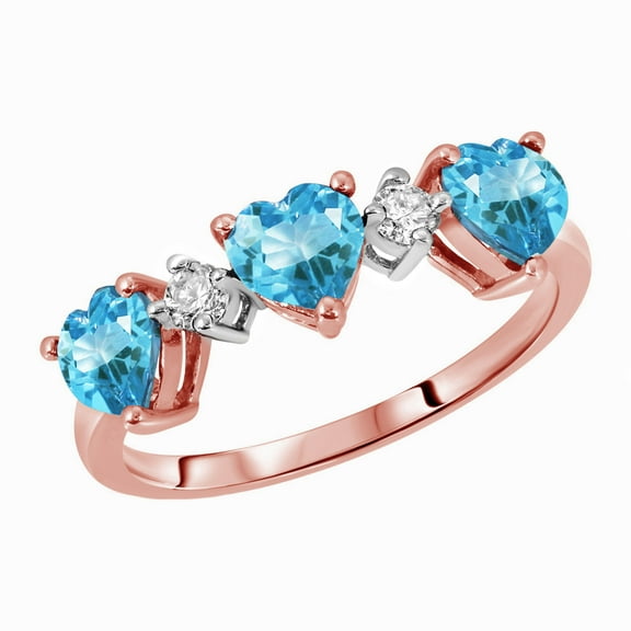 Galaxy Gold 14K Solid Rose Gold Ring Triple Heart Design with Natural Diamonds and Natural Blue Topaz 1.95 CTW (9.0)