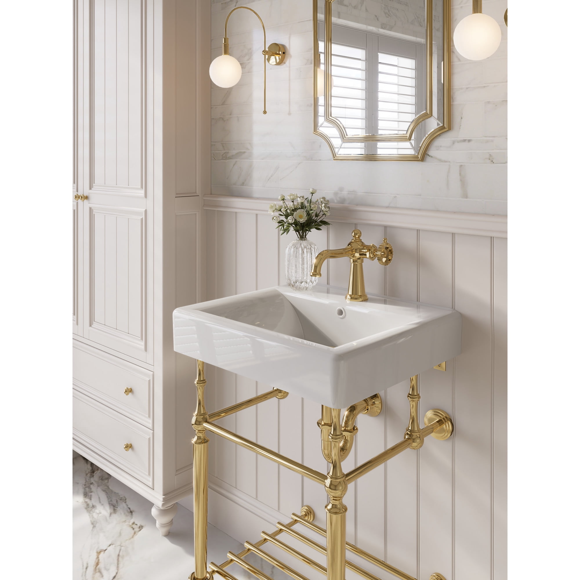 Kingston Brass KVPBH2018W11 Edwardian 20-Inch Ceramic Console Sink with Brass Legs and Shelf (1-Hole) in White/Polished Chrome