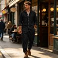 thumbnail image 2 of Delconic Mens Two Piece Outfit Long Sleeve Button Front Shirt and Drawstring Straight Leg Pants Casual Vacation Set Black M, 2 of 9