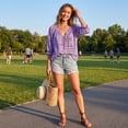 thumbnail image 5 of Polka Dot Lace Up Blouse, Women's V-Neck Abstract Geometric Print Drawstring Ruffle 3/4 Sleeve Summer Casual Flowy Tops, S, 5 of 7