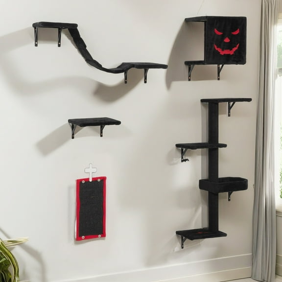 Pefilos Cat Wall Shelves and Perches Set for 5, Cat Tower for Adult Cats Mounted Cat Tree House for Large, Indoor Cat Sleeping Playing Lounging Climbing Furniture, Gothic