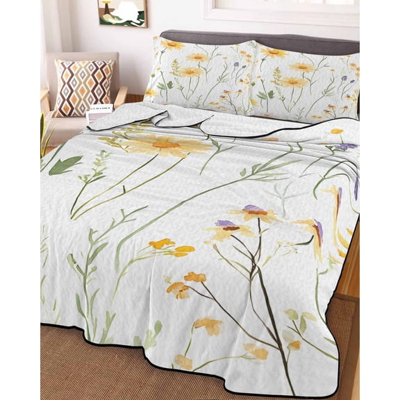 Yellow Daisy Floral Queen Size Down Alternative Comforter, Lightweight Comforter Quilt Bedding Set with Pillow Shams Spring Rustic Botanical Flowers All Seasons Bed Comforter Duvet Insert 90"x96"
