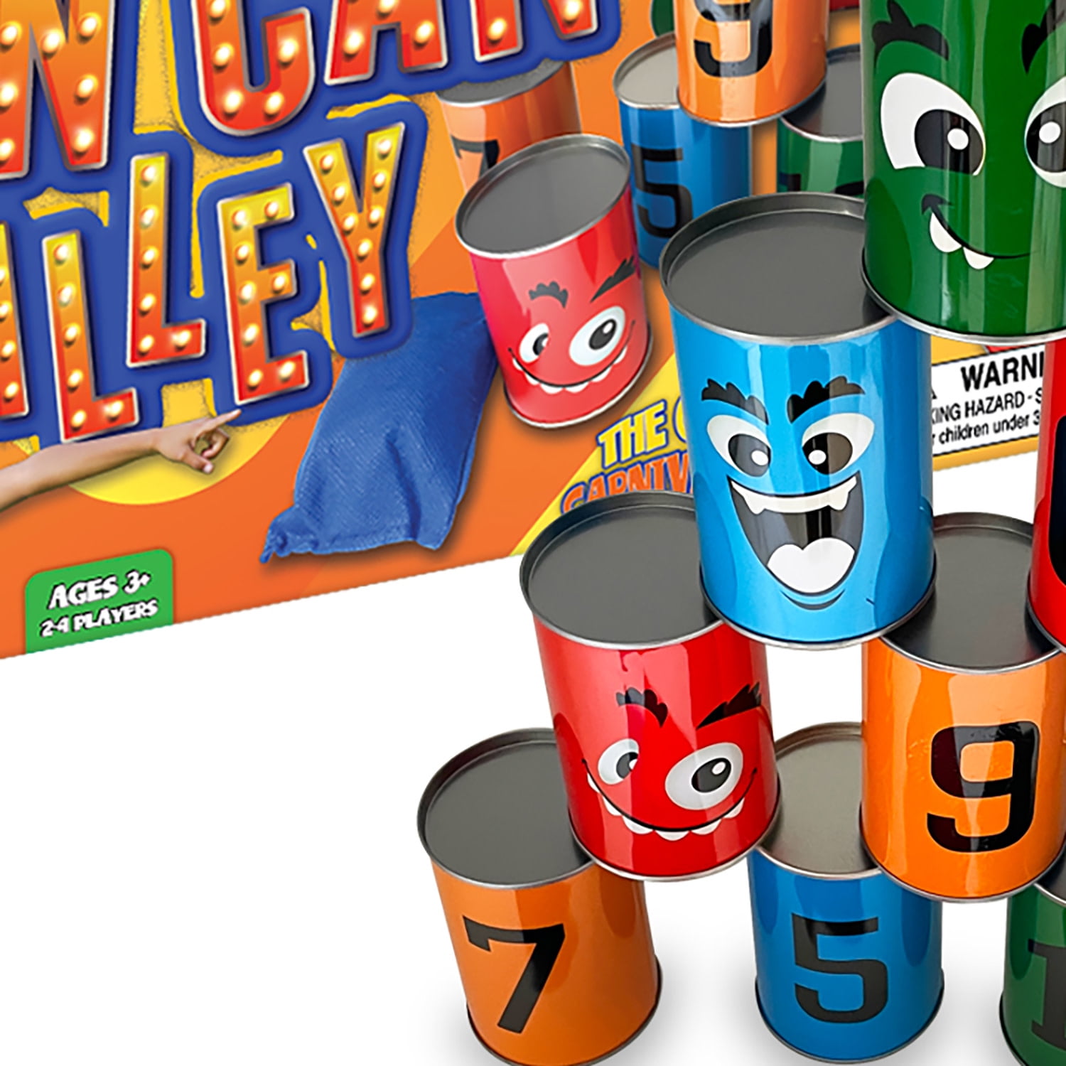 Thin Air Games: Tin Can Alley - Classic Carnival-Themed Bean Bag Toss Game, 10 Silly-Faced Cans & 3 Bags, In-Outdoor Fun, Family & Kids, 2-4 Players