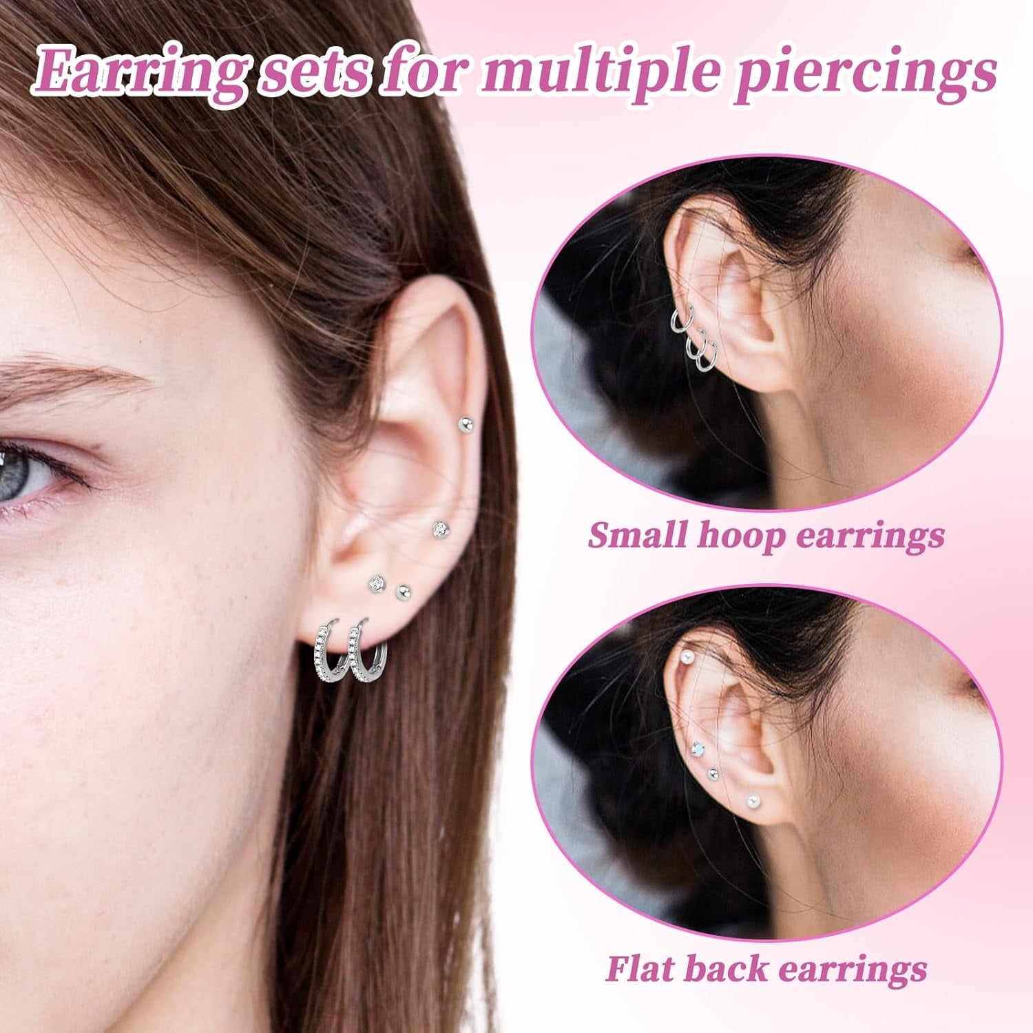 10 Pairs Stainless Steel Mini Stud Earrings, Silver Flatback Stud Cartilage Earrings Cubic Zirconia Studs Hoop Earrings Screw Flat Back Earring Sets for Cartilage Helix Lobes Women[l207]