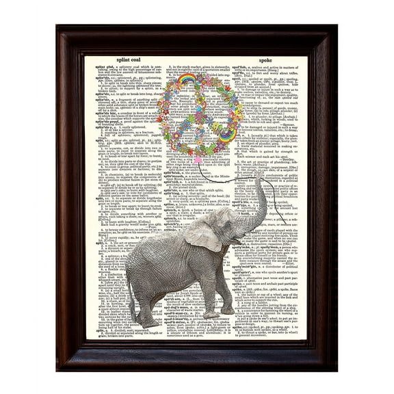 Playful Elephant and Peace Balloon - Dictionary Art Print Printed On Authentic Vintage Dictionary Book Page - 8 x 10.5