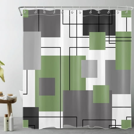 Grey and White Striped Geometric Shower Curtain Decor, Abstract Mid Century Modern Sage Green Shower Curtains for Bathroom 72X78 inch Polyester Fabric Bathroom Decoration Bath Curtains Hooks Included