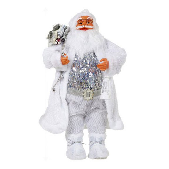 Christmas Sitting Santa Hand Crafted White Silver Coat&Sequin shirt Santa Claus Figurines Doll with Gift Bag and Presents Christmas Decoration for Home Office Table Xmas Party Ornament Gift
