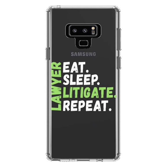 DistinctInk Clear Shockproof Hybrid Case for Samsung Galaxy Note 9 - TPU Bumper Acrylic Back Tempered Glass Screen Protector - Lawyer Eat Sleep Litigate Repeat