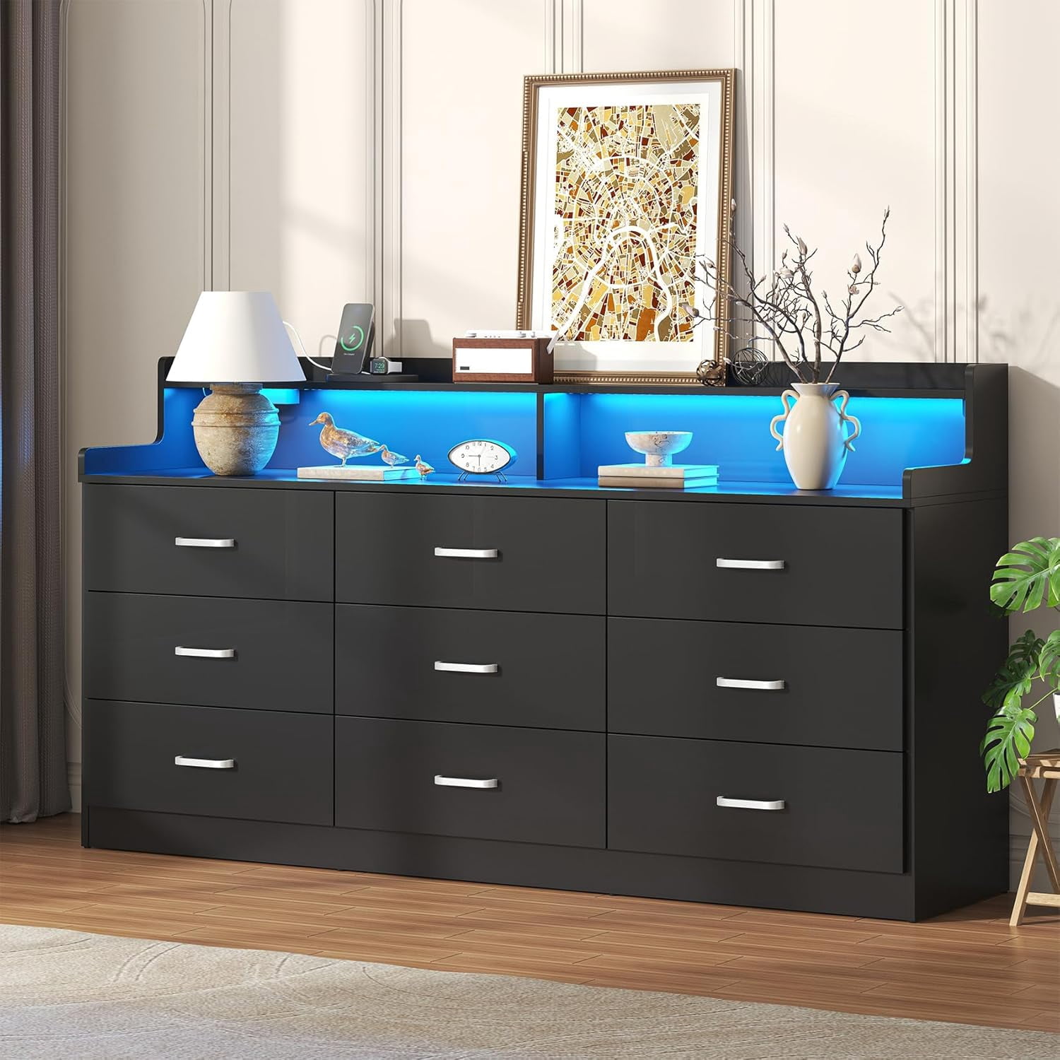 Winkalon 9 Drawer Dresser with LED Light & Charging Station, 63" Long Modern Dresser with 9 Drawers for Bedroom, Wooden Dresser Large Closet of Drawers
