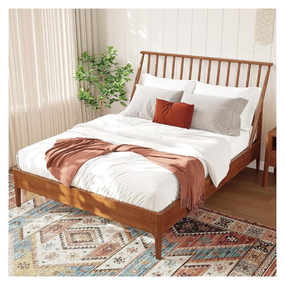 Solid Bamboo Queen Platform Bed Frame 46.5 in Spindle Headboard, Wooden Slats Metal Support No Box Spring Needed Bohemian Style