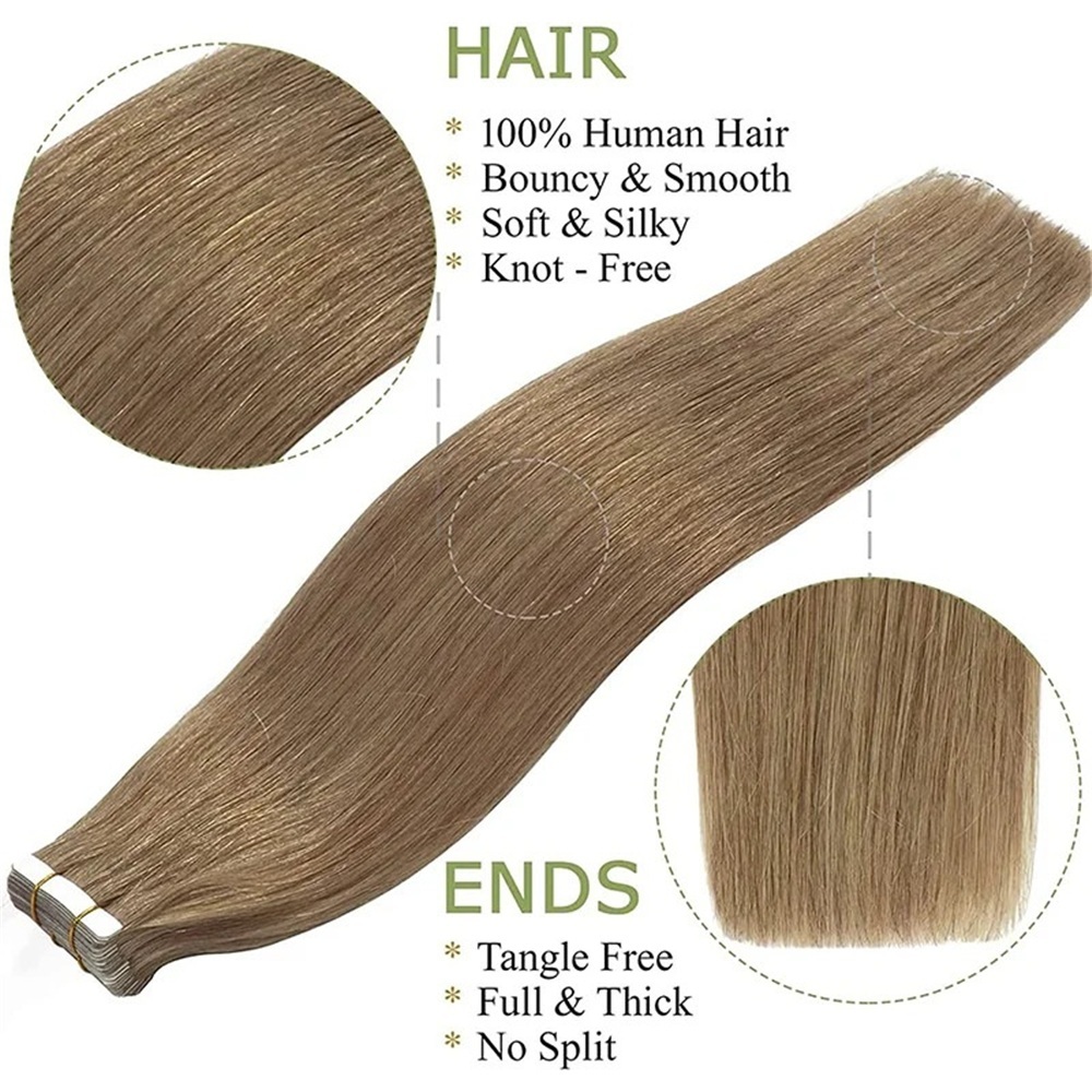 Tape in Hair Extensions Remy Human Hair #8 Light Brown 16-26  display picture 3