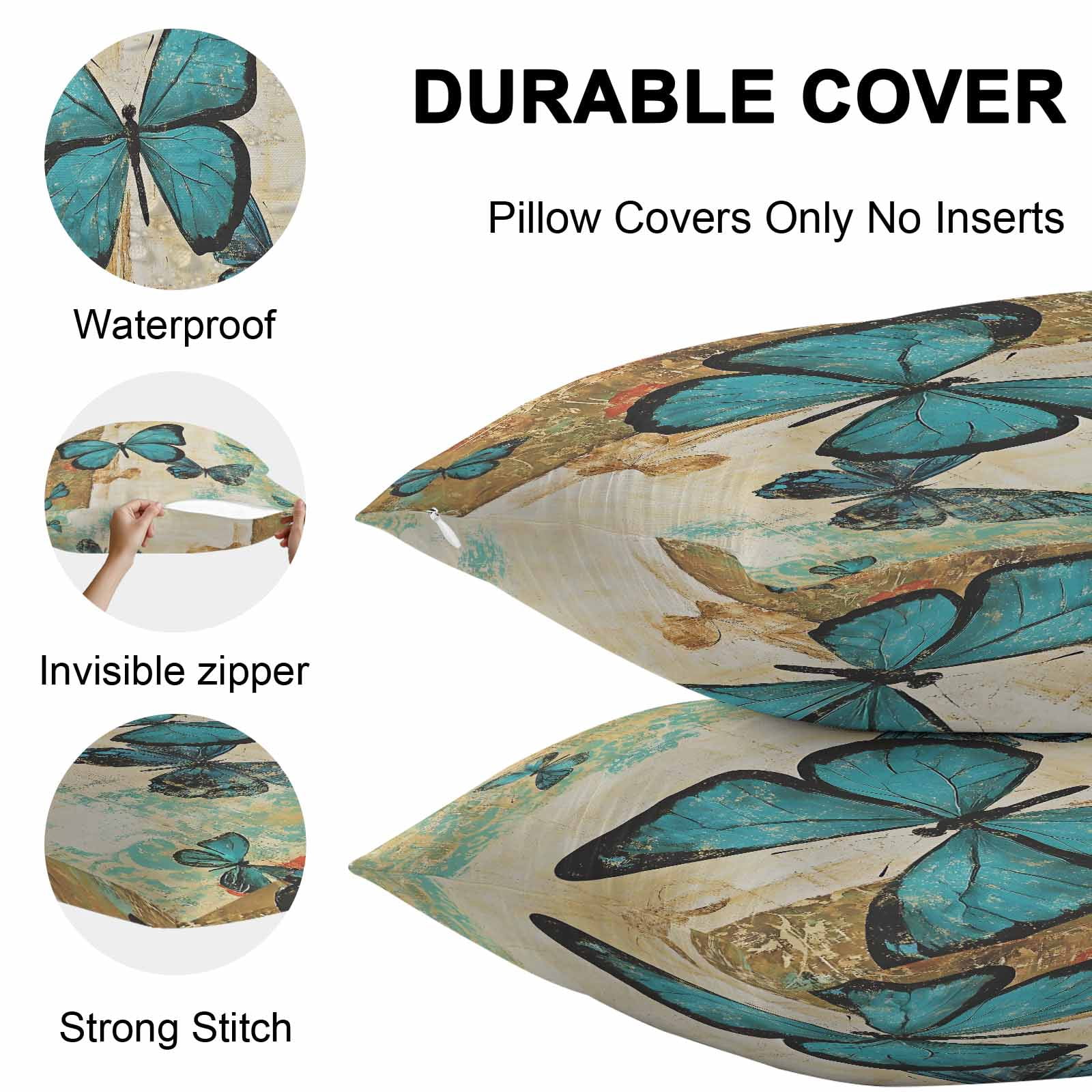 Waterproof Throw Pillow Covers Set of 2, 20x20 Inch Retro Teal Butterfly Decorative Pillowcases Outdoor Pillow Slip Cushion Covers Set for Couch Tent Summer Butterflies Vintage