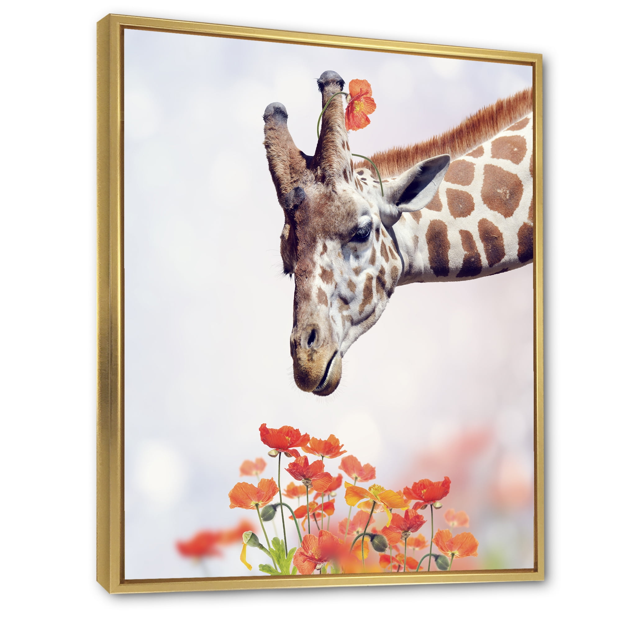 Designart 'Portrait of A Giraffe With Orange Flowers' Farmhouse Framed Canvas Wall Art Print